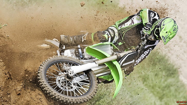 Motocross HD, person's green and black racing suit and green motocross dirt bike