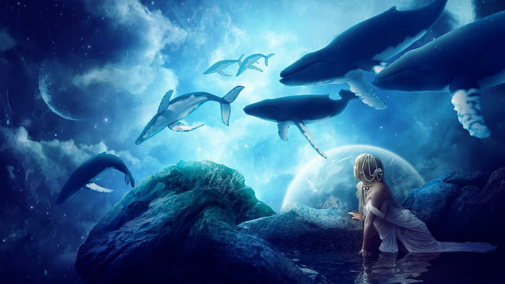 whale, animals, blue, artwork, planet, reflection, fantasy art, HD wallpaper