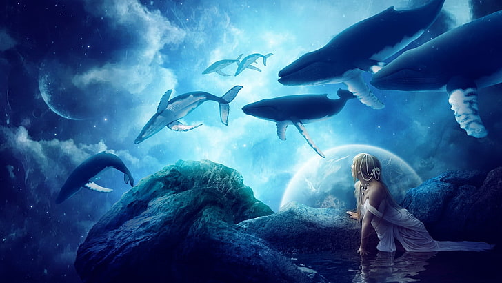 woman watching whales painting, fantasy art, planet, artwork