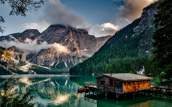 italy, mountain backgrounds, lake, building, mountain landscape, HD wallpaper