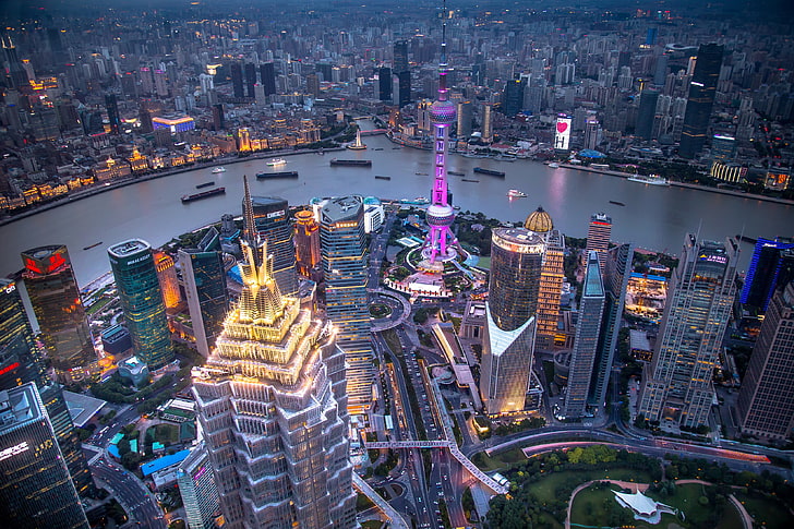 Oriental Pearl, Shanghai, skycrapers, ship, panorama, lights