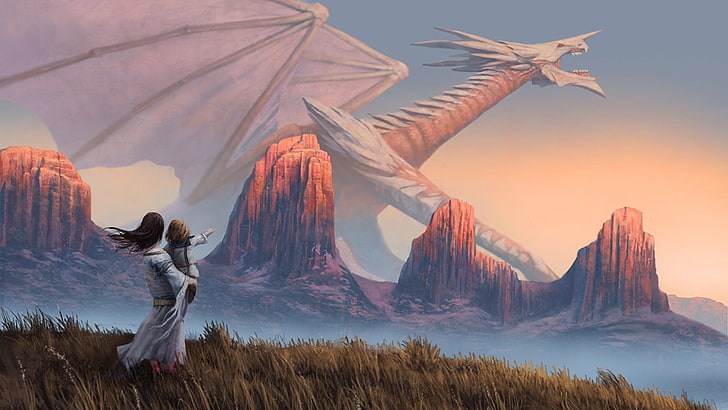 painting of white dragon, fantasy art, grass, mountains, animals