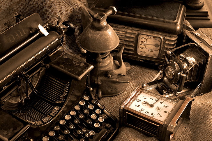 vintage, old, sepia, camera, typewriters, retro styled, antique