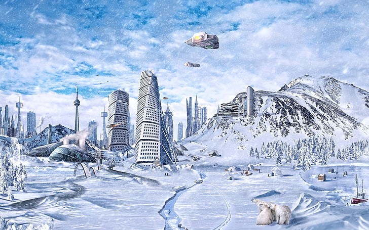polar bear graphics, planet, world, winter, snow, city, science fiction, HD wallpaper