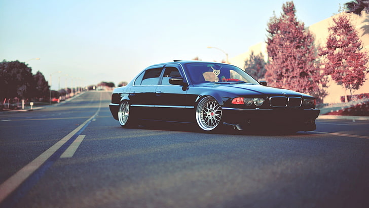 black BMW sedan,  bmw E38, 750il, car, road, vehicle, transportation, HD wallpaper