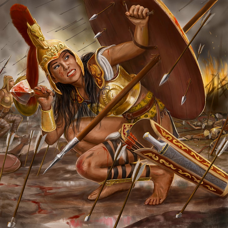 Amazon warrior painting, girl, fire, armor, spear, shield, arrows