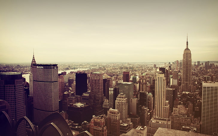high rise buildings, New York City, cityscape, sepia, architecture