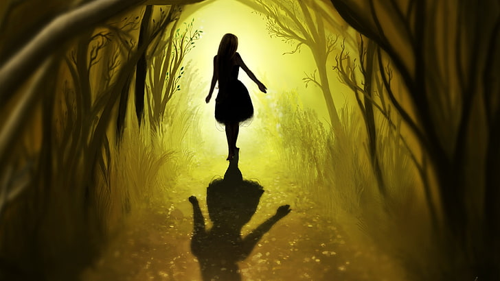 woman standing in the middle of forest, fantasy art, silhouette