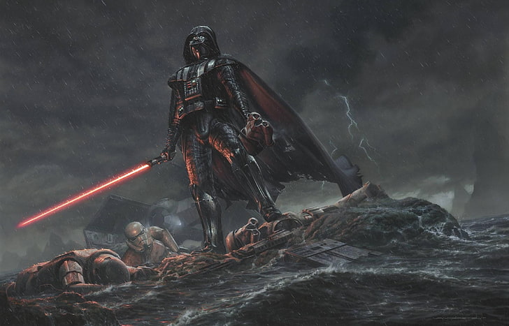 Star Wars Darth Vader, stormtrooper, lightsaber, rain, power