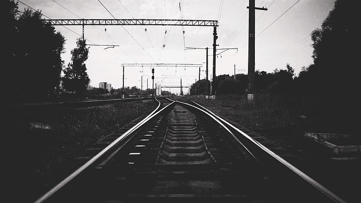 grayscale photo of train rail, railway, monochrome, rail transportation