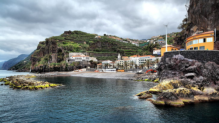 coast, town, landscape, Ponta do Sol, Portugal, cliff