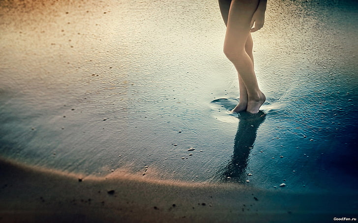 shoreline, person standing near body of water, legs, sand, women