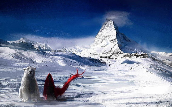 polar bears, cloaks, snow, fantasy art, winter, mountains, artwork
