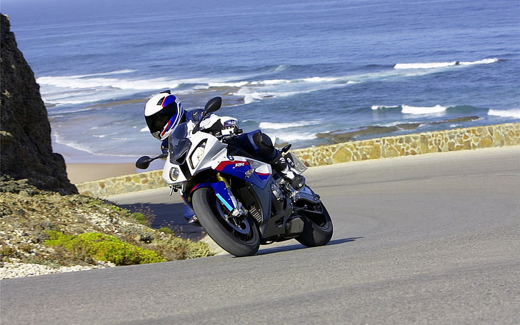 white and blue sports bike, bmw s1000rr, motorcycle, speed, rotation, HD wallpaper