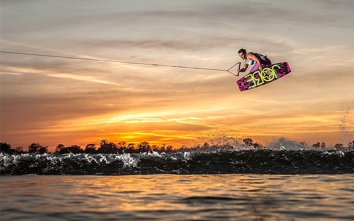 pink and yellow wakeboard, wakeboarding, sports, sunset, sky