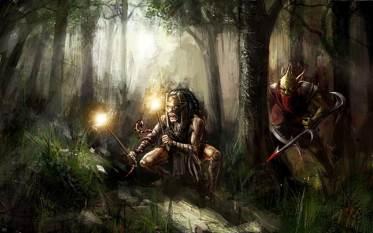 two person near trees illustration, digital art, Dota 2, bounty hunter