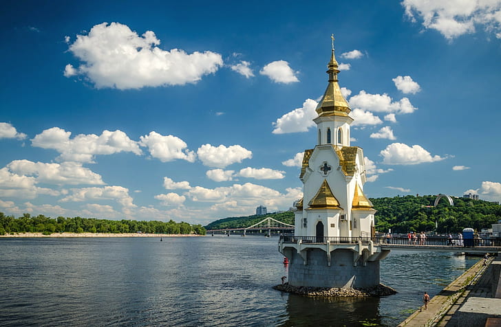 Ukraine, Kiev, Nicholas Temple, embankment, Dnieper river, trees, HD wallpaper