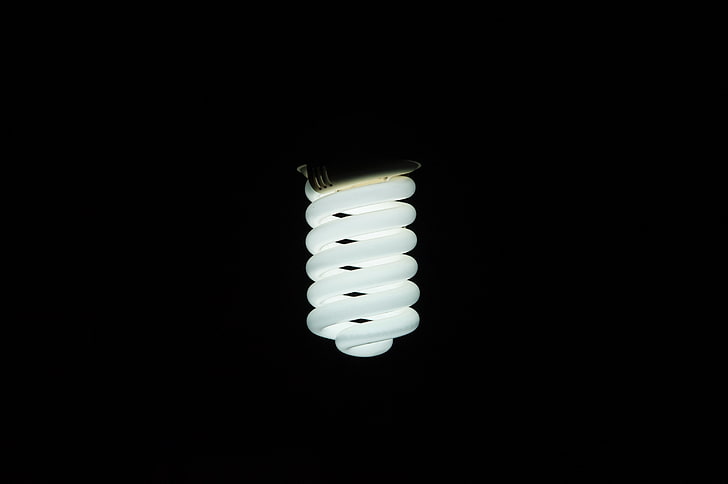 white spiral light bulb, lamp, lighting, dark background, electricity