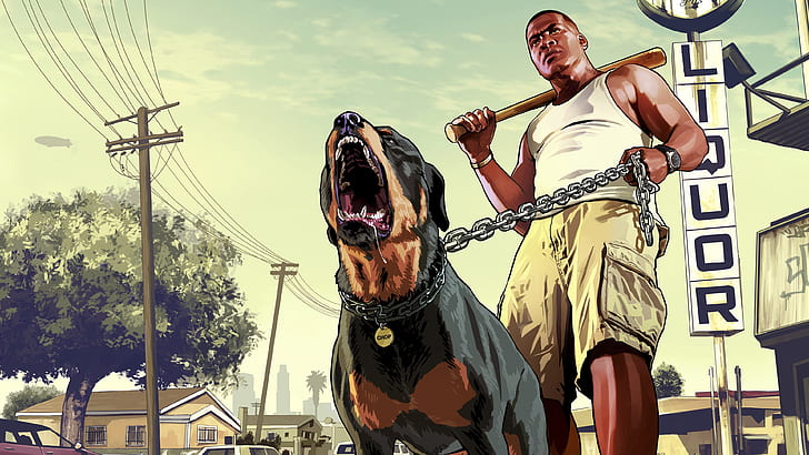 Franklin with his Dog GTA 5, grand theft auto 5 illustration, HD wallpaper