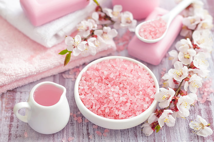 white cherry blossoms; pink soap bars; bowl of sugar, flowers, HD wallpaper