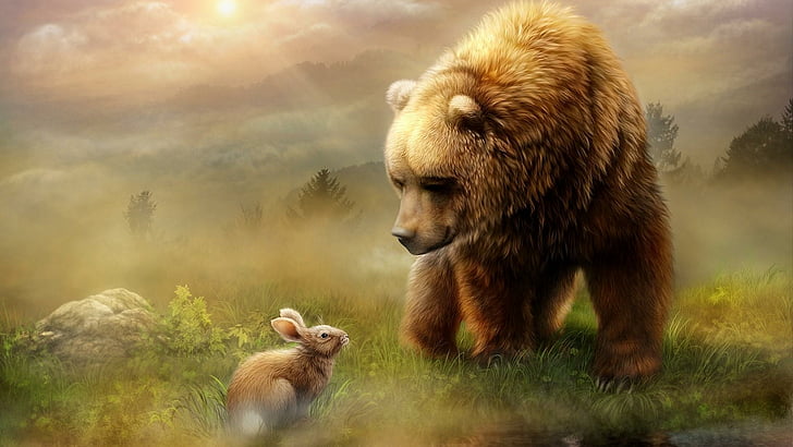 brown bear, bunny, rabbit, wildlife, field, tail, fantasy art, HD wallpaper