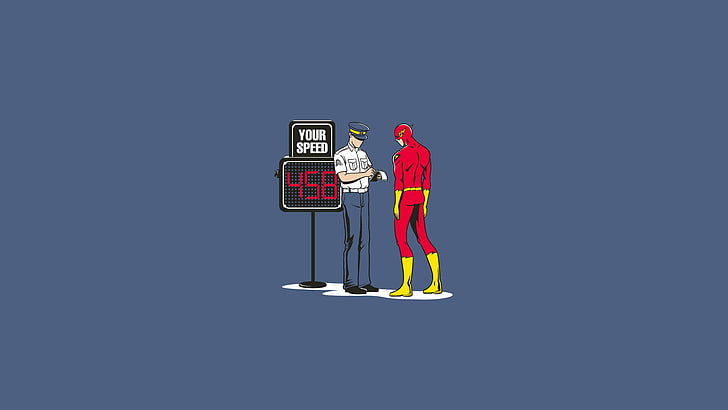 The Flash beside officer illustration, humor, police, blue background