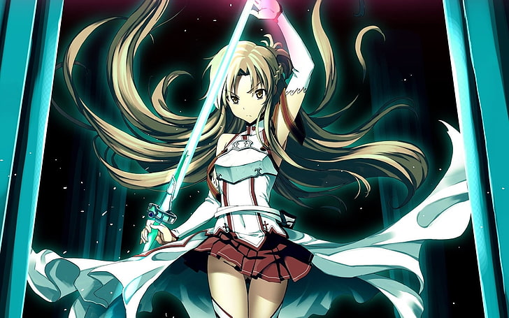 brown-haired female anime character holding sword digital wallpaper