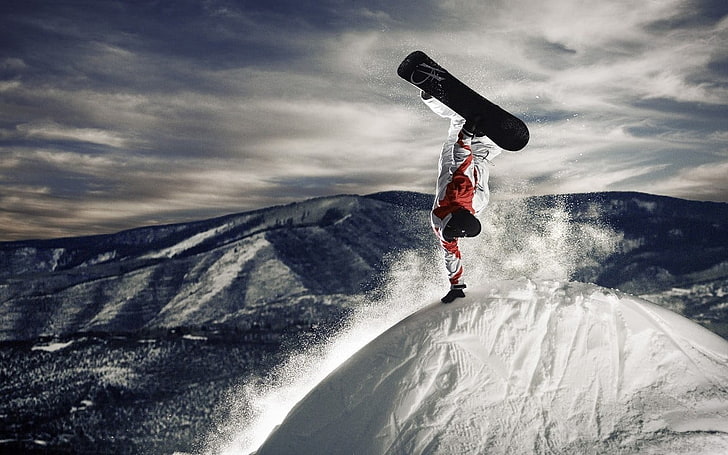 red and white snowboard jacket, snowboarding, winter, mountain, HD wallpaper