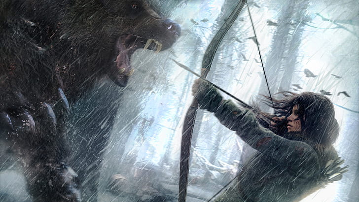 Rise of the Tomb Raider Lara Croft Fighting Bear Art, action