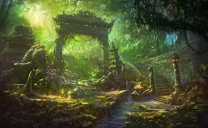arch, staircase, forest, overgrown, debris