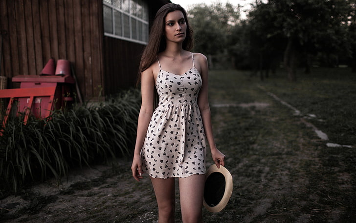 women's white and black floral spaghetti strap mini dress, portrait, HD wallpaper