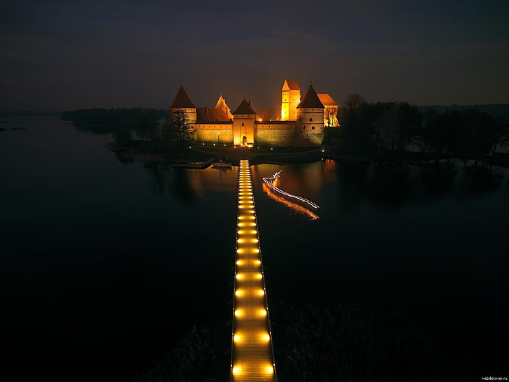 castle, lake, bridge, Trakai Island Castle, Lithuania, night, HD wallpaper
