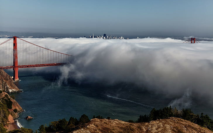 Fog, Golden Gate Bridge, red bridge and fog, USA, city, San - Francisco photo, HD wallpaper