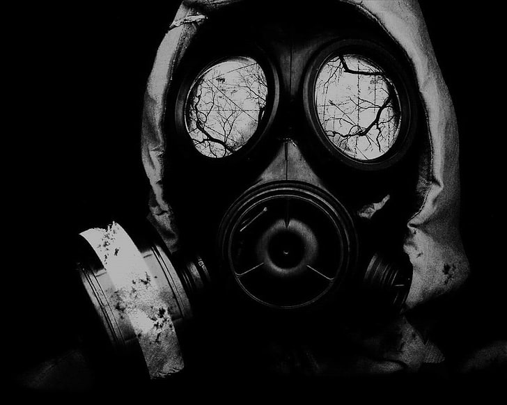 person wearing gas mask greyscale photo, gas masks, horror, apocalyptic