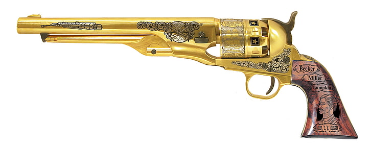 hl, handgun, weapon, cut out, white background, antique, gold colored, HD wallpaper