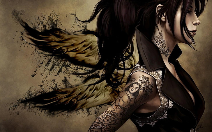 tattoo, Kat Von D, fantasy art, women, wings, one person, adult, HD wallpaper
