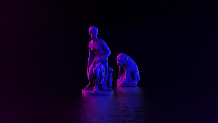 statue, 3D, render, neon lights, women,  4K, stones, marble