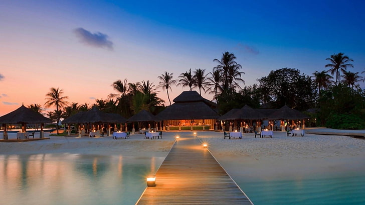 pier, beach, resort, palms, evening, maldives, exotic, travel, HD wallpaper