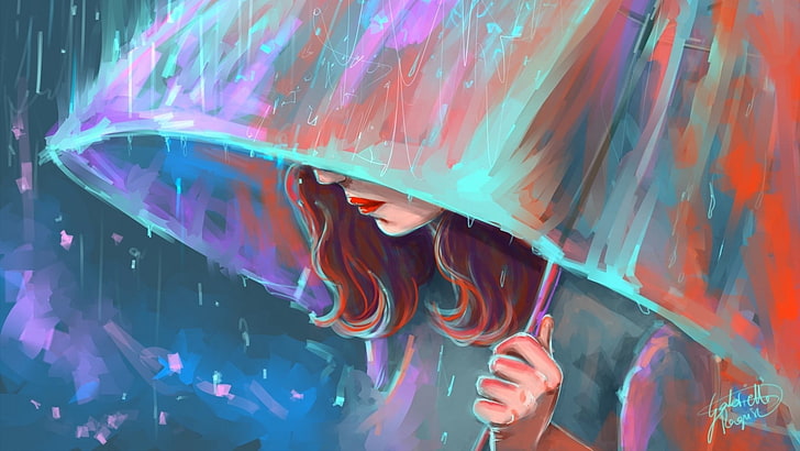 woman holding umbrella painting, digital art, women, face, artwork, HD wallpaper