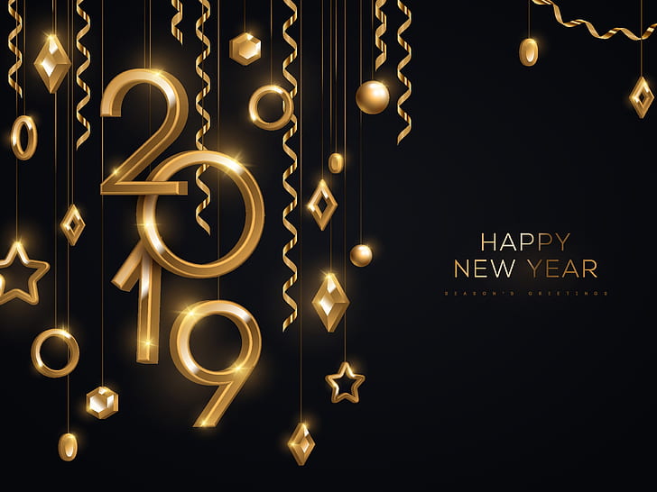 2019 (Year), Happy New Year, numbers, Christmas ornaments, HD wallpaper