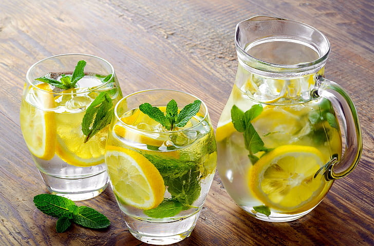 still life, lemons, leaves, Lemonade, mint leaves, drink, drinking glass