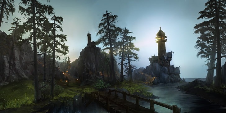 two gray lighthouses near ocean wallpaper,  World of Warcraft