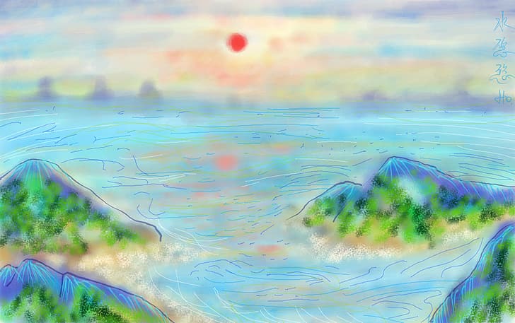 landscape, island, sea, Sun, painting, modern impressionism