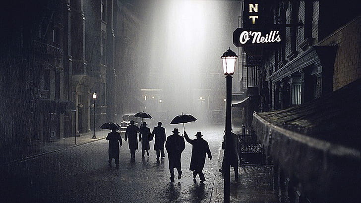noir, street, night, rain, lantern, people, umbrella, Road to Perdition, HD wallpaper