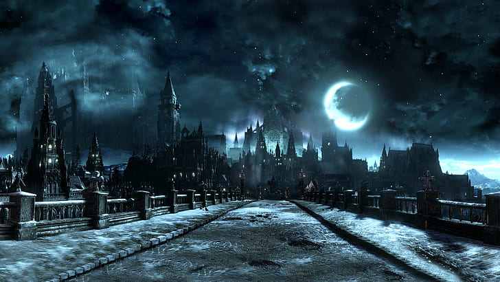 bridge, castle, Cathedral, Dark Souls III, Moon, Screen Shot, HD wallpaper