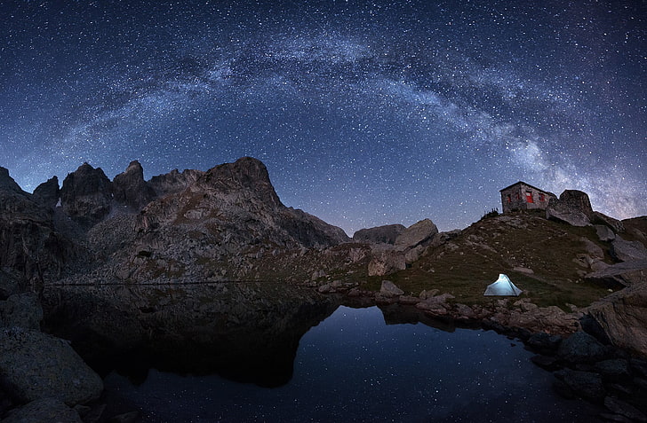rocky mountain, nature, night, stars, Milky Way, landscape, mountains, HD wallpaper