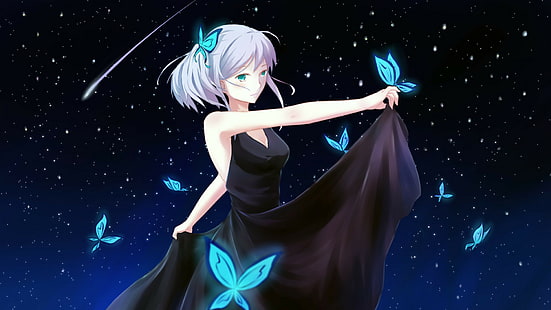 HD wallpaper: anime girls, white hair, blue eyes, black dress, butterflies  | Wallpaper Flare