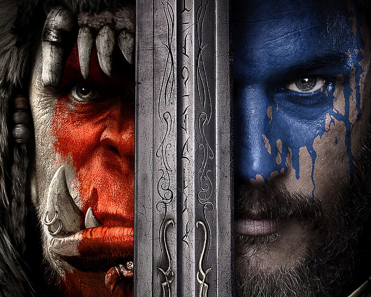 Warcraft 2 poster, Action, Red, Fantasy, Blizzard, Orc, Blue, HD wallpaper