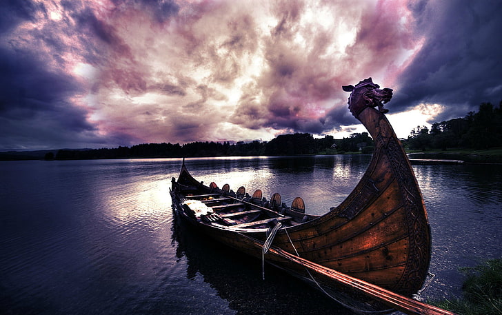brown wooden boat, Vikings, longships, nautical vessel, water