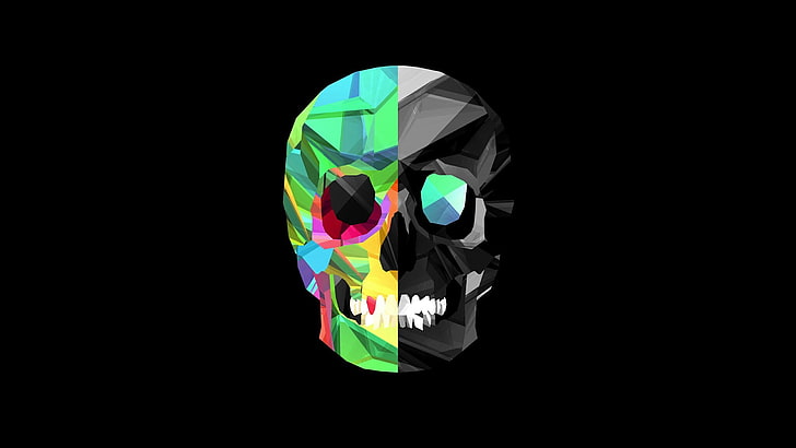 multicolored skull illustration, Justin Maller, Facets, black background, HD wallpaper
